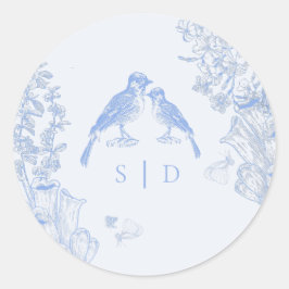 Adesivo Redondo Clássico Casamento de Pássaros Florais Branco Azul