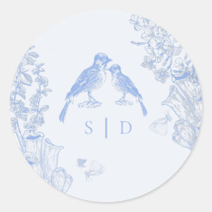 Adesivo Redondo Clássico Casamento de Pássaros Florais Branco Azul