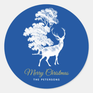 Adesivo Redondo Clássico, cervo de madeira francês azul na flore