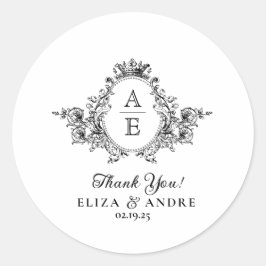 Adesivo Redondo Clássico Crest Monograma Casamento Preto e Branco