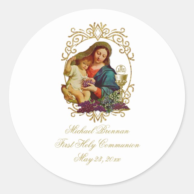 Adesivo Redondo Clássico da Primeira Comunhão Católica Tradicional (Frente)