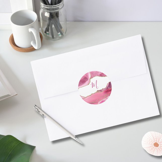 Adesivo Redondo Clássico de Casamento de Pedra Dourada e Rosa Eleg (Criador carregado)