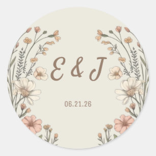 Adesivo Redondo Clássico de Casamento Floral Boho 