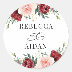 Adesivo Redondo Clássico de Casamento Personalizado Floral Blush 
