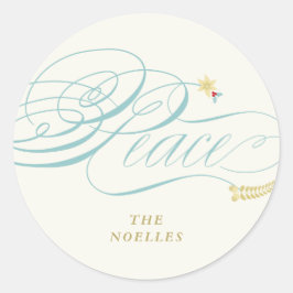 Adesivo Redondo Clássico de Folhagem de Manuscrito de Paz de Natal