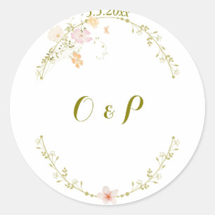 Adesivo Redondo Clássico de Ornamento Floral de Casamento Vintage