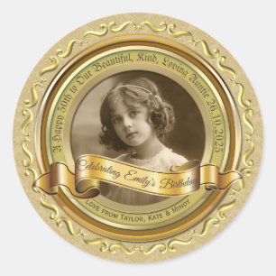 Adesivo Redondo Clássico Dourado Foto Frame Elegante Banner Amare