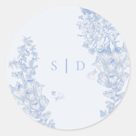 Adesivo Redondo Clássico Enclosure de Casamento Floral Azul Branco