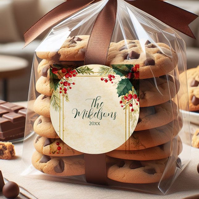 Adesivo Redondo Clássico Holly Berry - Festa de Natal (Criador carregado)