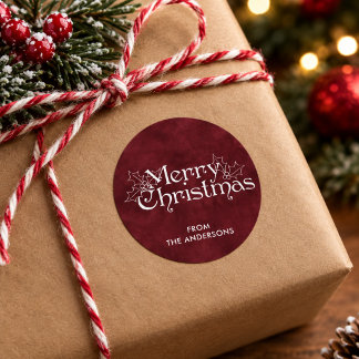 Adesivo Redondo Clássico Natal Feliz Vermelho Escuro Veludo Vintag