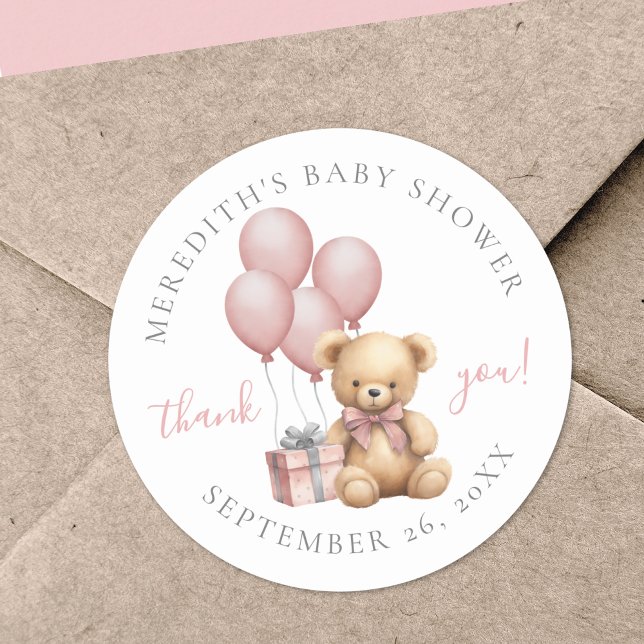 Adesivo Redondo Clássico para Chá de Bebê Urso Ted (Pink Teddy Bear Baby Shower Classic Round Sticker)