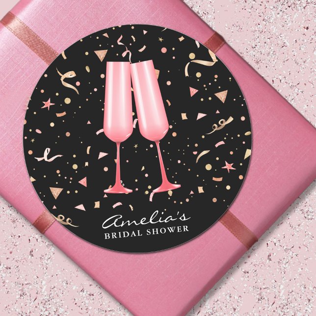 Adesivo Redondo Clássico para Chá de Noiva com Cha (Pink champagne glasses o black bridal shower 3" round stickers)