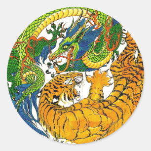 Adesivo Redondo Clássico Vintage oriental Yin Yang Dragon Tiger a