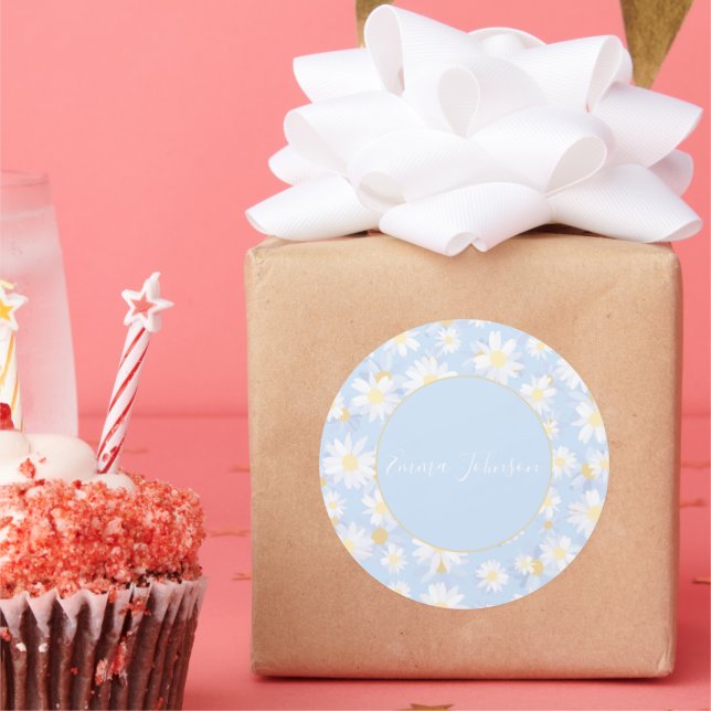 Adesivo Redondo Classy Blue White Daisy Flowers (Festa)