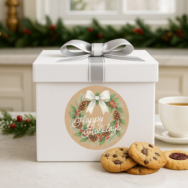 Adesivo Redondo Classy December Wreath With White Bow Watercolor (Criador carregado)