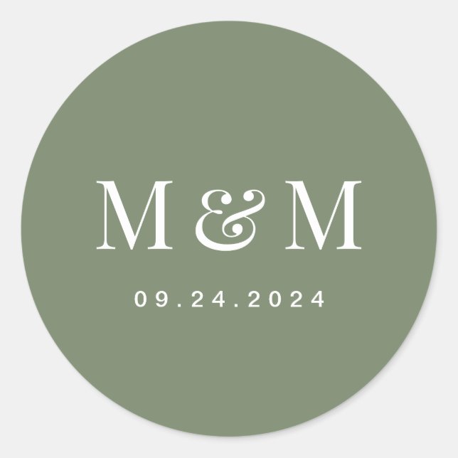 Adesivo Redondo Classy Deep Sage Green Monogram Typography Wedding (Frente)