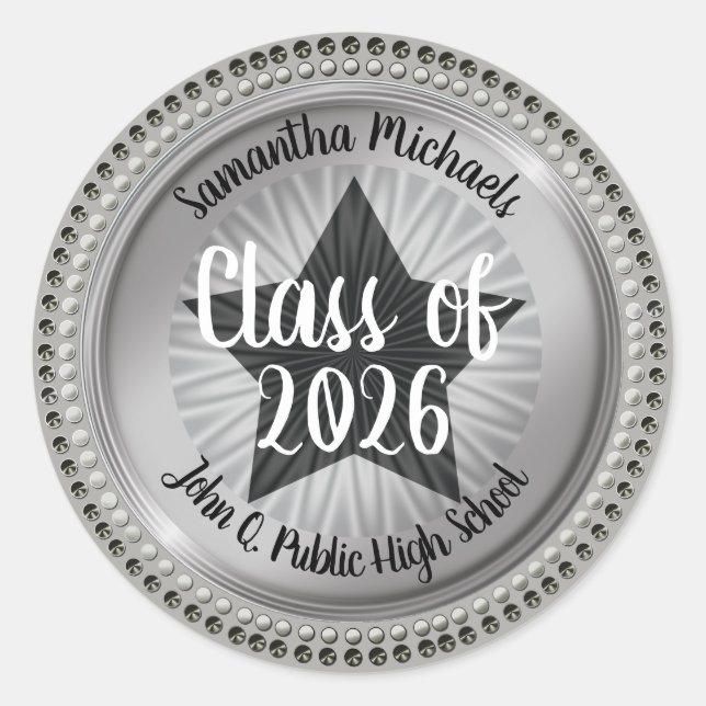 Adesivo Redondo Classy Star Silver Class of 2023 Graduation (Frente)