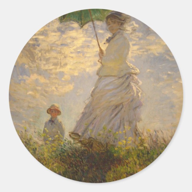 Adesivo Redondo Claude Monet: Mulher com Parasol, 1875 (Frente)