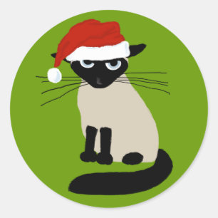 Adesivo Redondo Cláusula Siamesa Santa - Gato de Natal engraçado