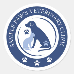 Adesivo Redondo Clínica Veterinária Veterinário Azul Logotipo e Te