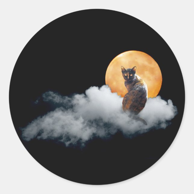 Adesivo Redondo Cloud Cat Night Moon Sticker (Frente)