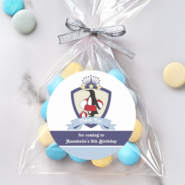 Adesivo Redondo Clube de Natação Crest Cute Penguin Kids Obrigado (Criador carregado)