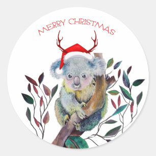 Adesivo Redondo Coala de Natal vestindo chapéu de Papai Noel