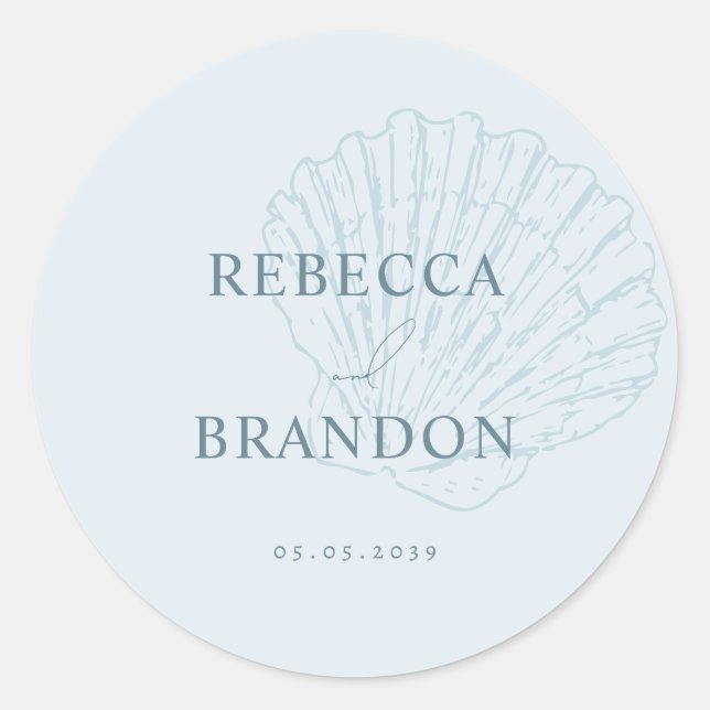Adesivo Redondo Coastal Blue Hand Drawn Seashell Wedding Favor (Frente)