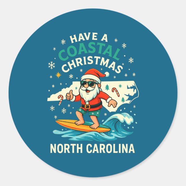 Adesivo Redondo Coastal Christmas Nc Shirt Santa Surfing Funny Wav (Frente)