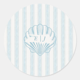 Adesivo Redondo Coastal Seashell Bride Groom Initial Blue