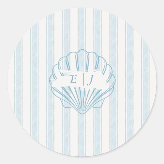 Adesivo Redondo Coastal Seashell Bride Groom Initial Blue (Frente)