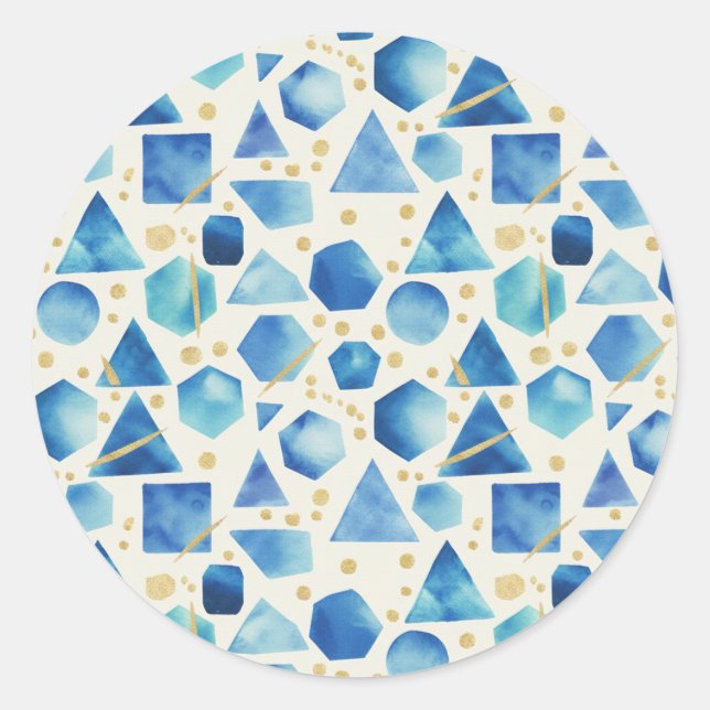Adesivo Redondo Cobalt & Azure Watercolor Geometric Shapes & Gold (Frente)