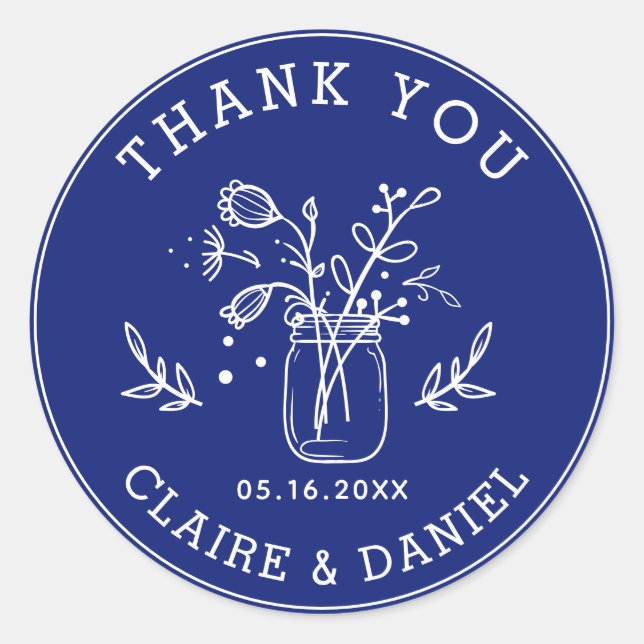 Adesivo Redondo Cobalt Blue Wedding Thank You Mason Jar Flowers  (Frente)
