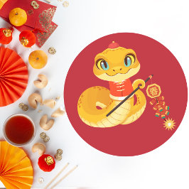 Adesivo Redondo Cobra de Ouro Adorável com Firecracker Primavera
