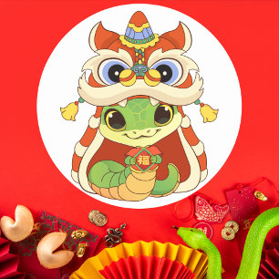 Adesivo Redondo Cobra em dança de leão com "Fu"