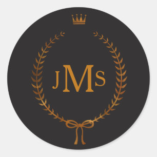 Adesivo Redondo Cobre Laurel Wreath com Monograma Elegante Coroa