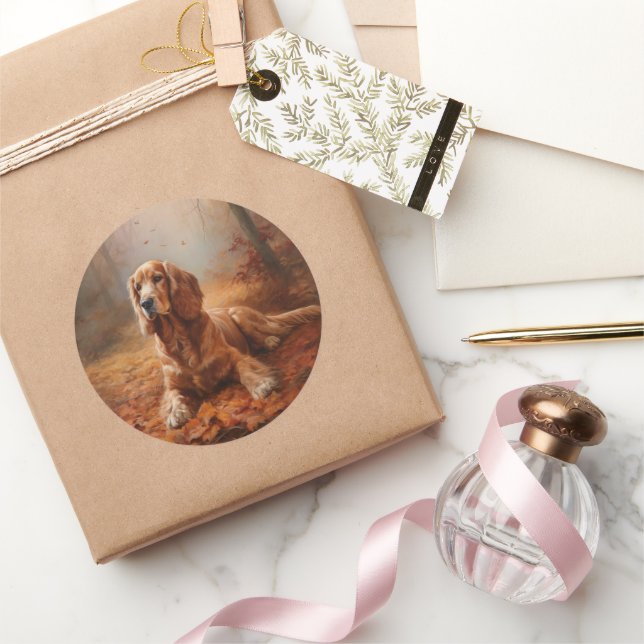 Adesivo Redondo Cocker Spaniel no outono deixa cair inspiração (Presentear)