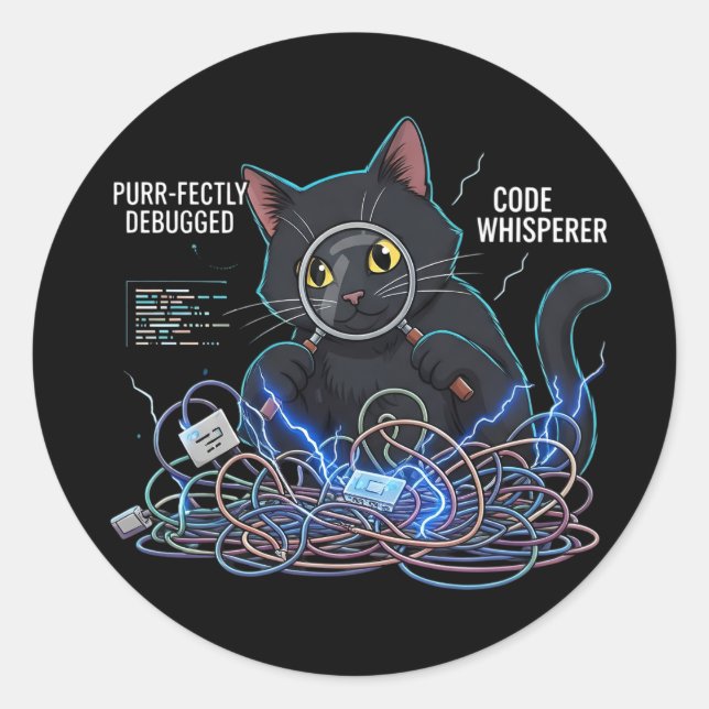 Adesivo Redondo Code Whisperer Developer Cat Round Black Stickers (Frente)