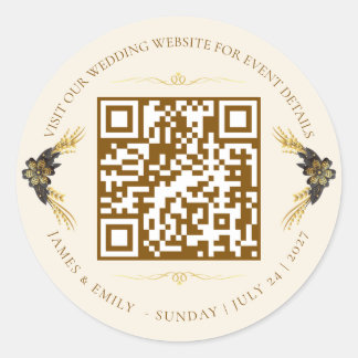 Adesivo Redondo Código QR de casamento preto e dourado elegante