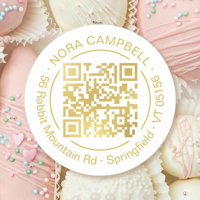 Adesivo Redondo Código QR Dourado de Negócio Nome Endereço Promoci (Modern, professional gold QR code, elegant circle frame and business name and address round sticker.)