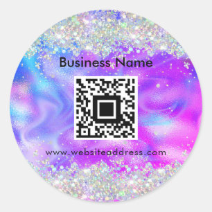 Adesivo Redondo Código QR Elegante Glitter Holográfico Roxo Único