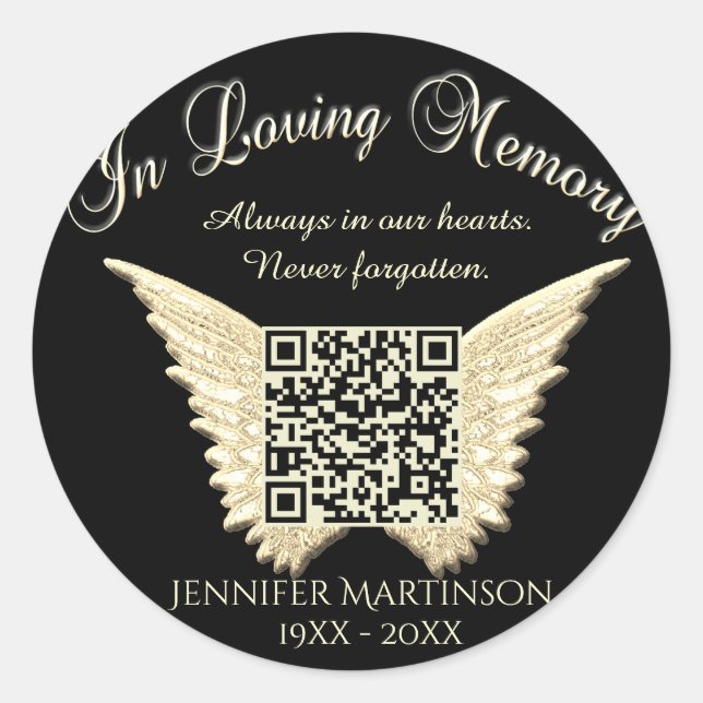 Adesivo Redondo Código QR para Websites Memoriais, Funerais, Obits (Frente)