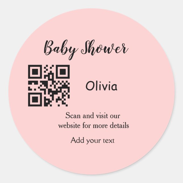 Adesivo Redondo Código QR simples para chá de bebê rosa adicionar  (Frente)