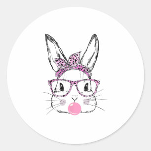 Adesivo Redondo Coelhinho Bonito Rosto Rosa Óculos-Leopardo Bubble