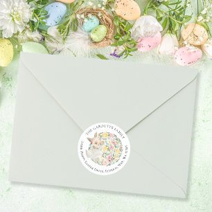 Adesivo Redondo Coelhinho de Páscoa Fofo Endereço Floral Aquarela