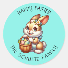 Adesivo Redondo Coelhinho de Páscoa personalizado e cesto