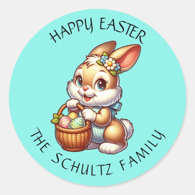 Adesivo Redondo Coelhinho de Páscoa personalizado e cesto (Frente)