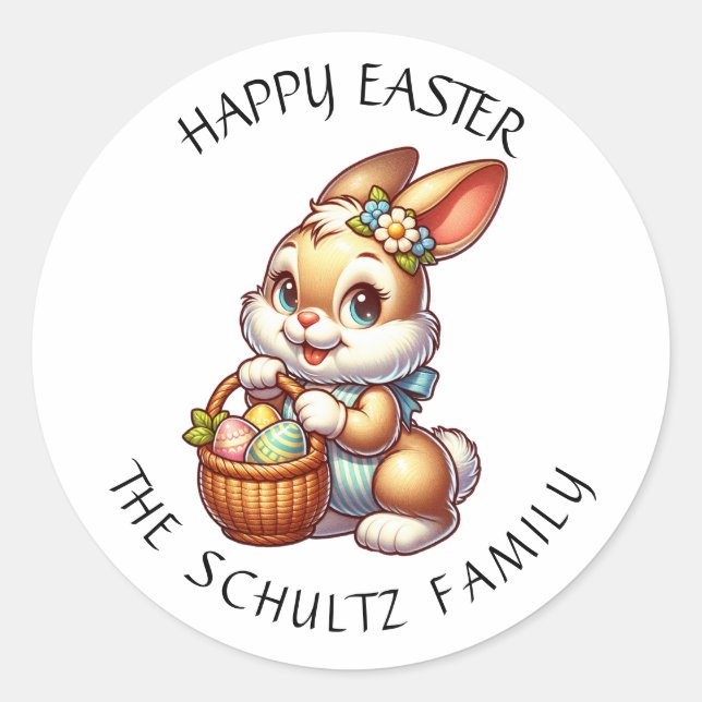 Adesivo Redondo Coelhinho de Páscoa personalizado e cesto (Frente)
