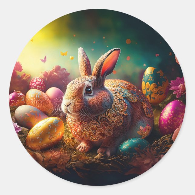 Adesivo Redondo Coelhinho felz pascoa com ovos de Páscoa (Frente)