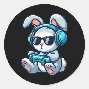 Adesivo Redondo Coelhinho Gamer do Dia de Páscoa Engraçado Primave